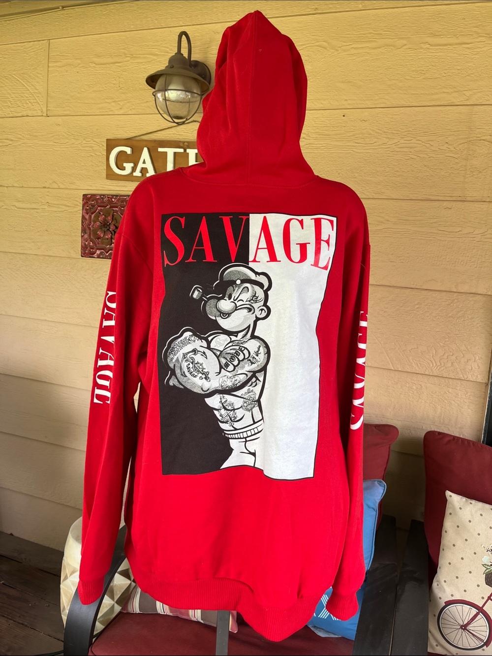 Popeye Savage Red Pullover Hoodie with Graphic Chest Print & Back Sz XL